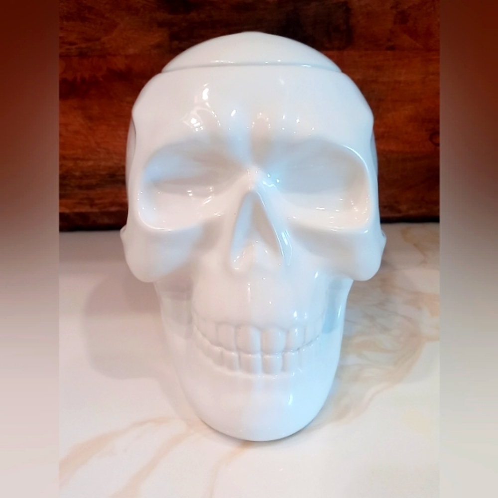 Ceramic Skull Head Cookie Jar Halloween Hyde & Eek Boutique Shiny White Skeleton
